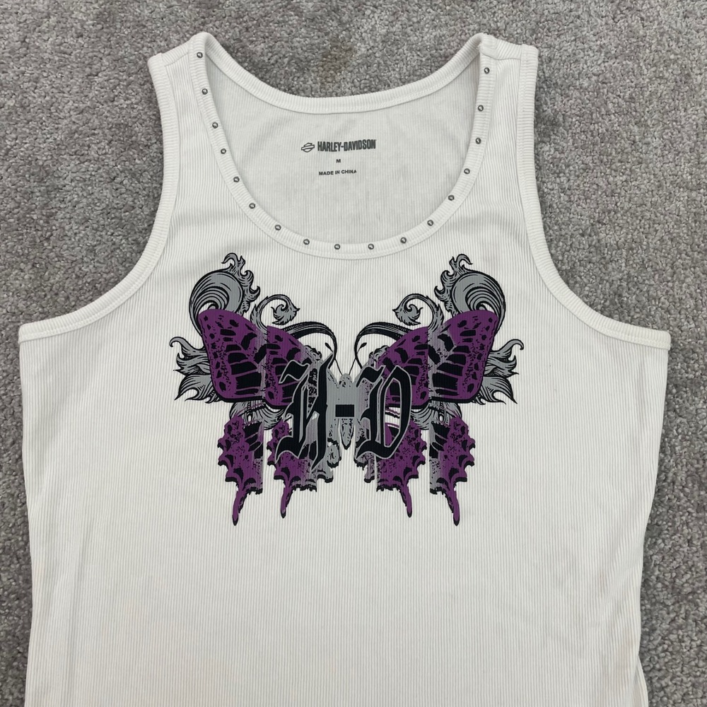 Harley Davidson Tank Top Womens Medium Y2K Butterfly Studded Ribbed Biker Street